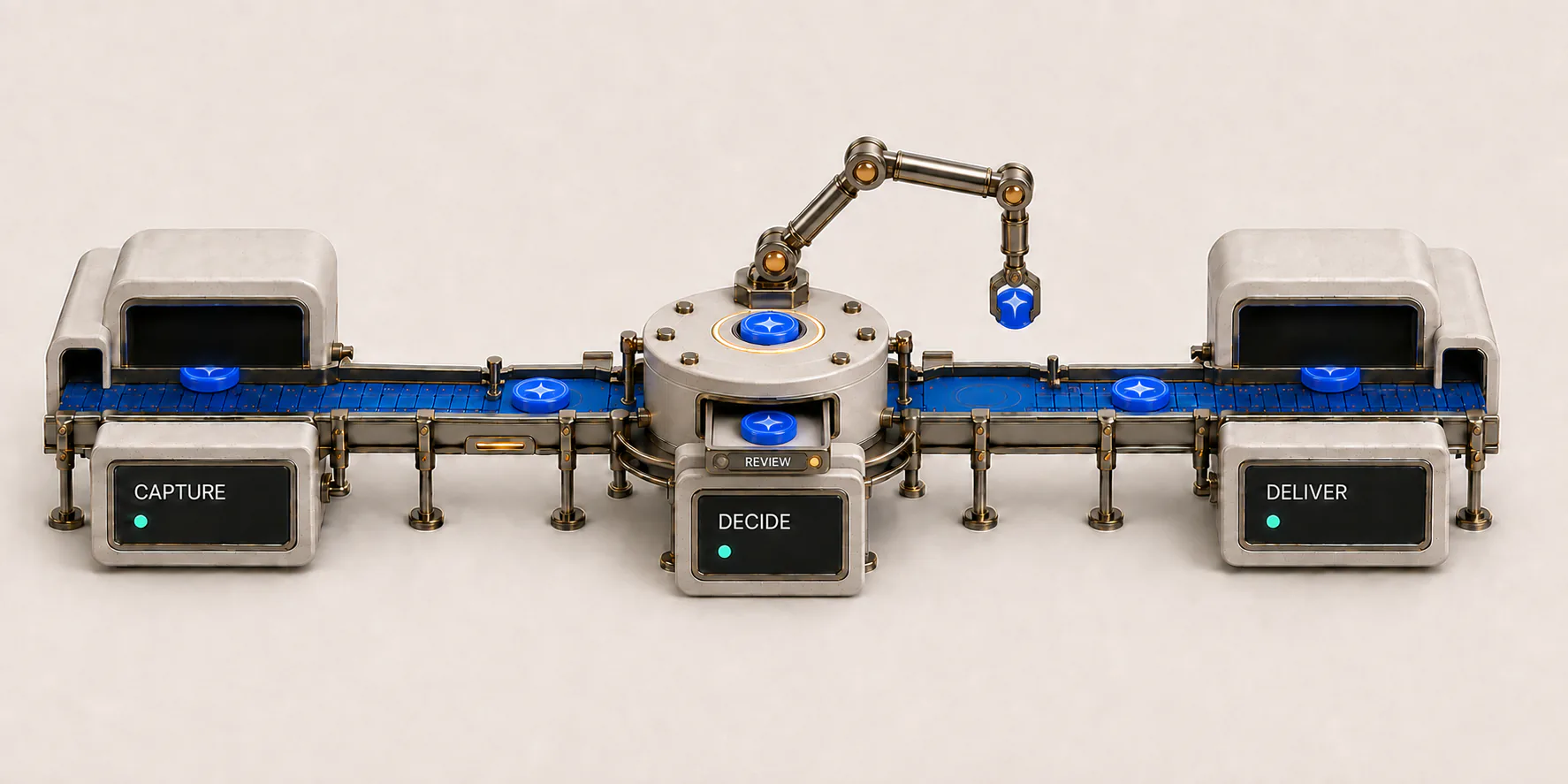 An ivory and brass system carrying blue value tokens through capture, a human-review decision point, and delivery.