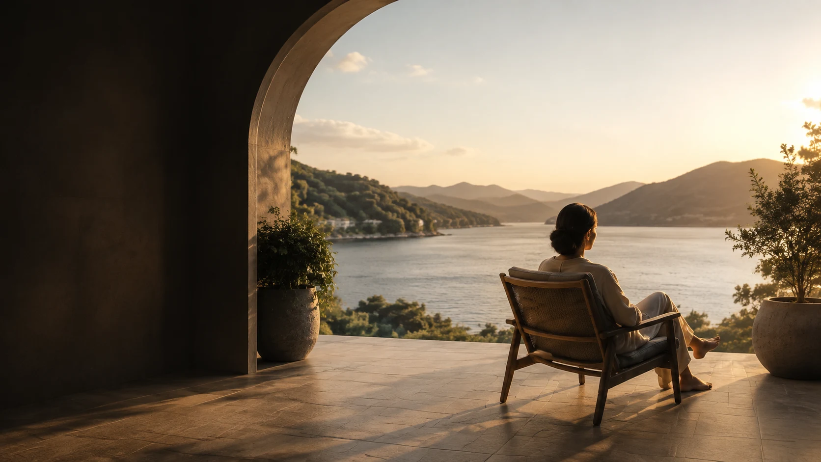 A person resting on a warm stone terrace and looking over a quiet lake at sunset.